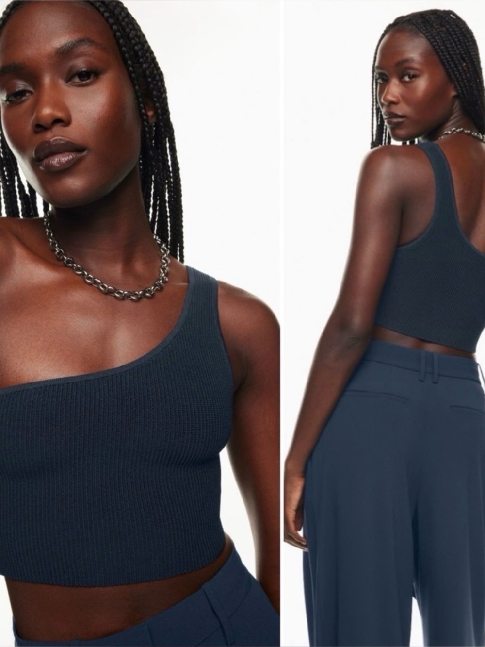 BABATON Navy Blue One-Shoulder Ribbed Crop Top Size Medium